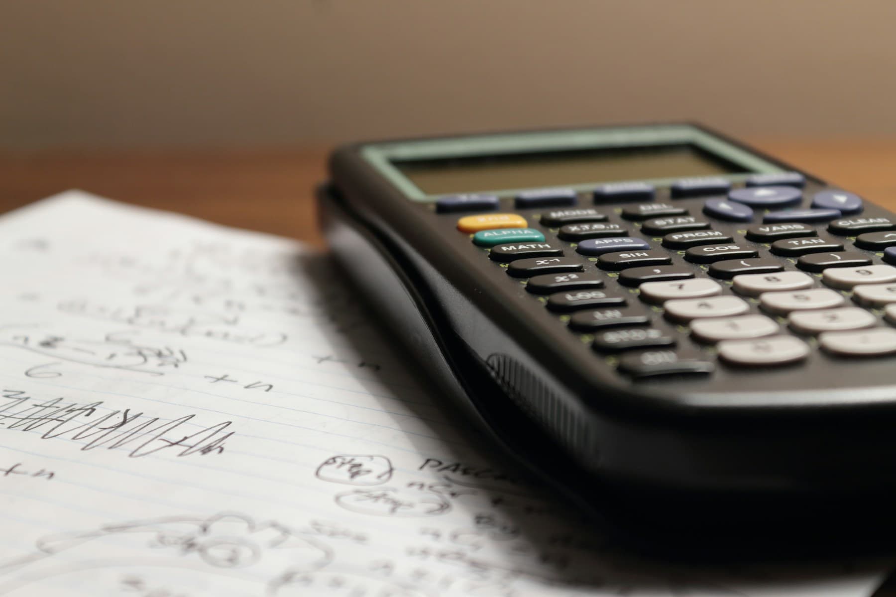 A graphing calculator resting on handwritten math notes